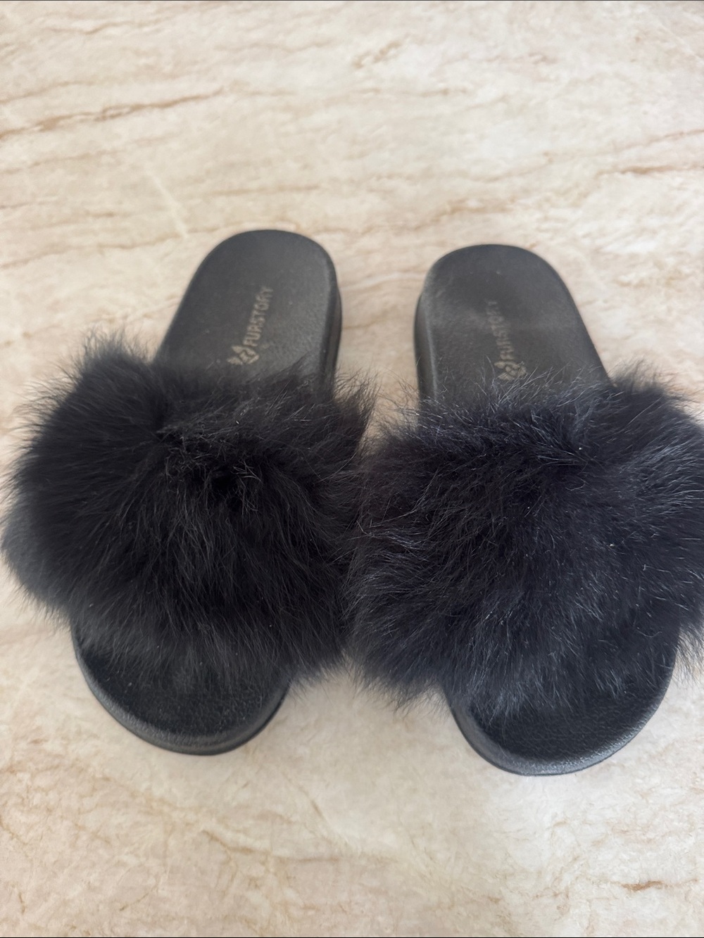Women's Black Faux Fur Pom Slide Sandals